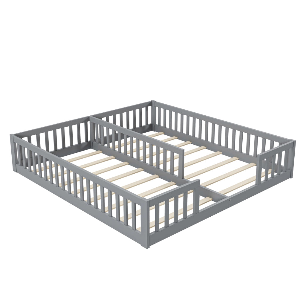 Letto per bambini 90×200 cm; letto basso con sponda; senza materasso; in pino e MDF; per 2 bambini; grigio