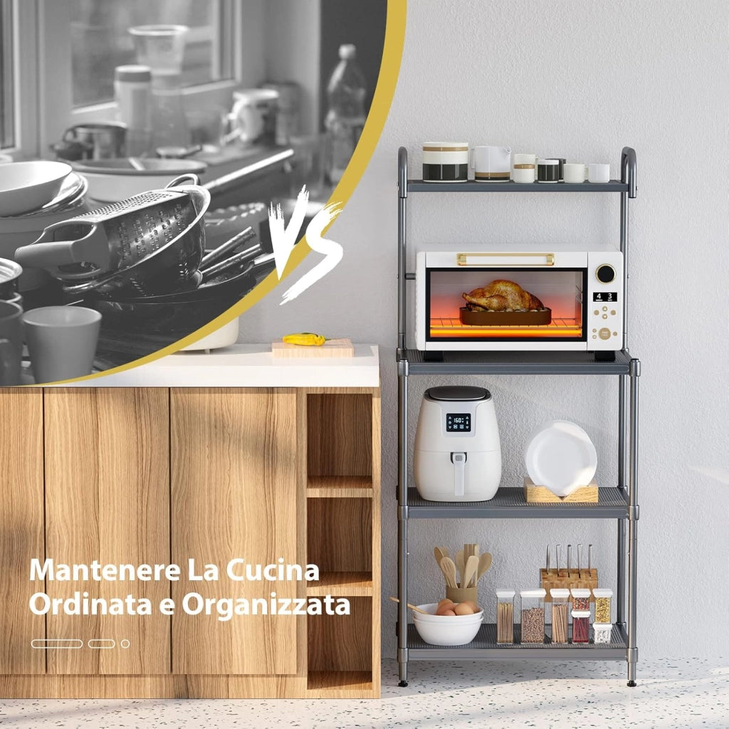 COSTWAY Microonde Scaffale da Cucina per Microonde in Metallo a 4 Ripiani, Carrello per Microonde Scaffalatura Organizzatore Portaoggetti, 60 x 34 x 136 cm (Grigio)