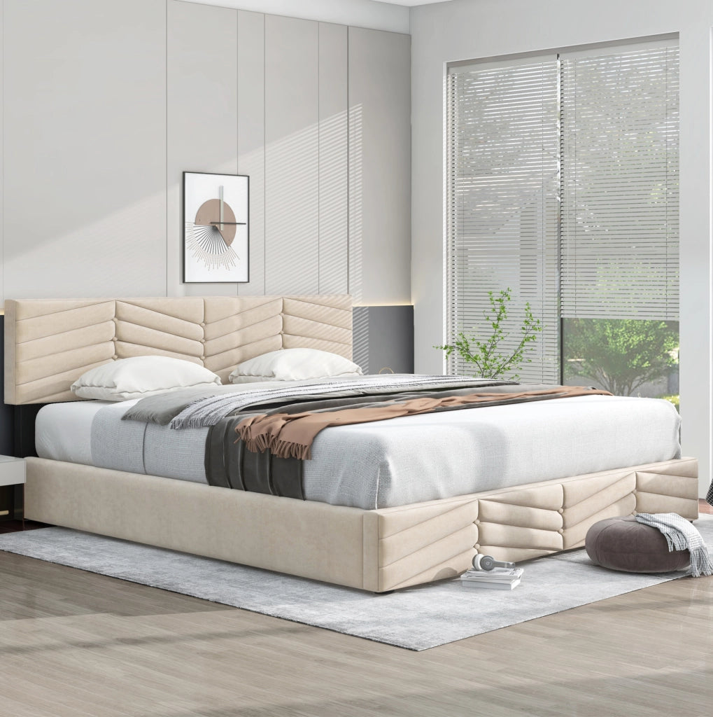 Letto imbottito contenitore in velluto beige 160 x 200 cm