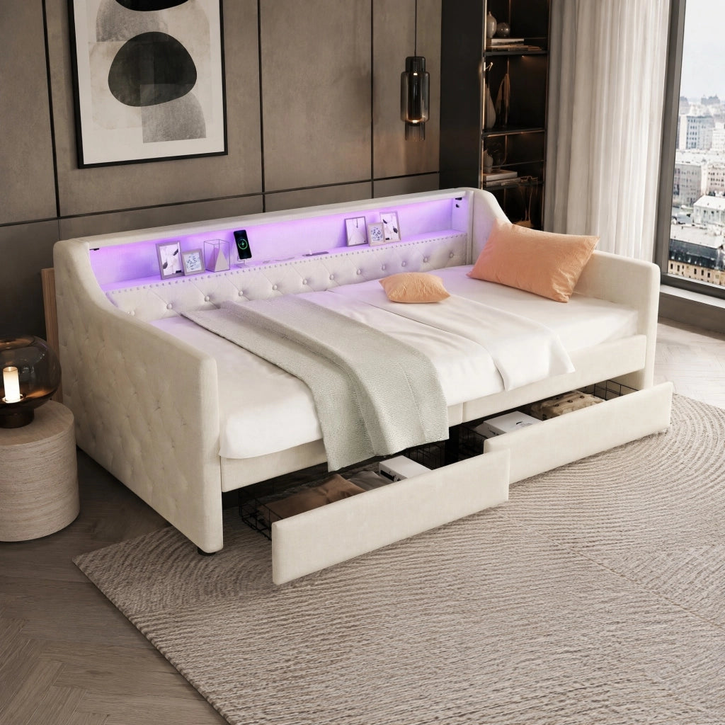 LETTO Divano 90x200 cm in lino beige con LED, USB e 2 cassetti