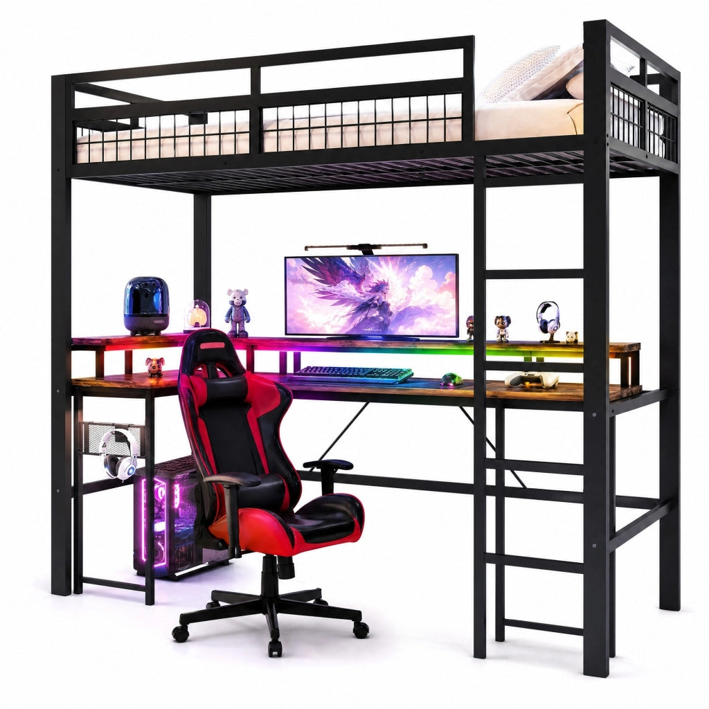 Hochbett 90x200 cm con scrivania, LED RGB, prese USB e Type-C, parete forata, nero