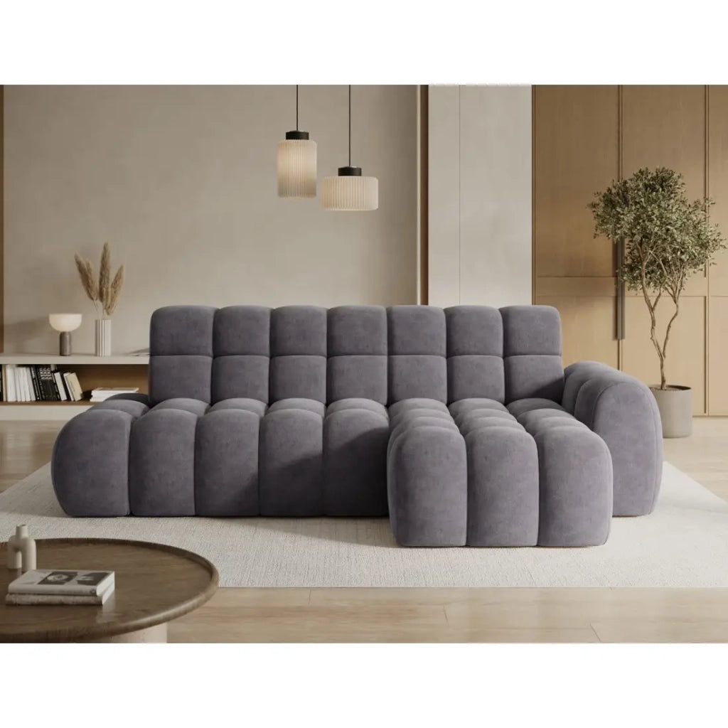 Divano angolare convertibile BULLA 3 posti grigio angolo destro - tessuto effetto alcantara con estensione della seduta elettrica