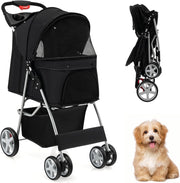 Passeggino per Cani e Gatti Pieghevole Fino 15 kg, Carrello per Animali Domestici, Trasportino Carrozzina Portatile da Viaggio e Passeggio con Tettuccio per Cuccioli, 87 x 46 x 102 cm (Nero)
