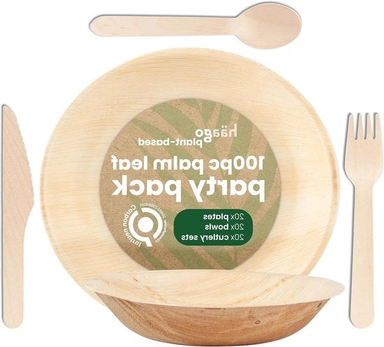 Set di servizio e posate in foglia di palma da 100 pezzi - 20 piatti rotondi - 20 ciotole rotonde - 20 posate - 20 forchette - 20 cucchiai - Biodegradabile - Ecoweb - Sicuro per il forno a microonde