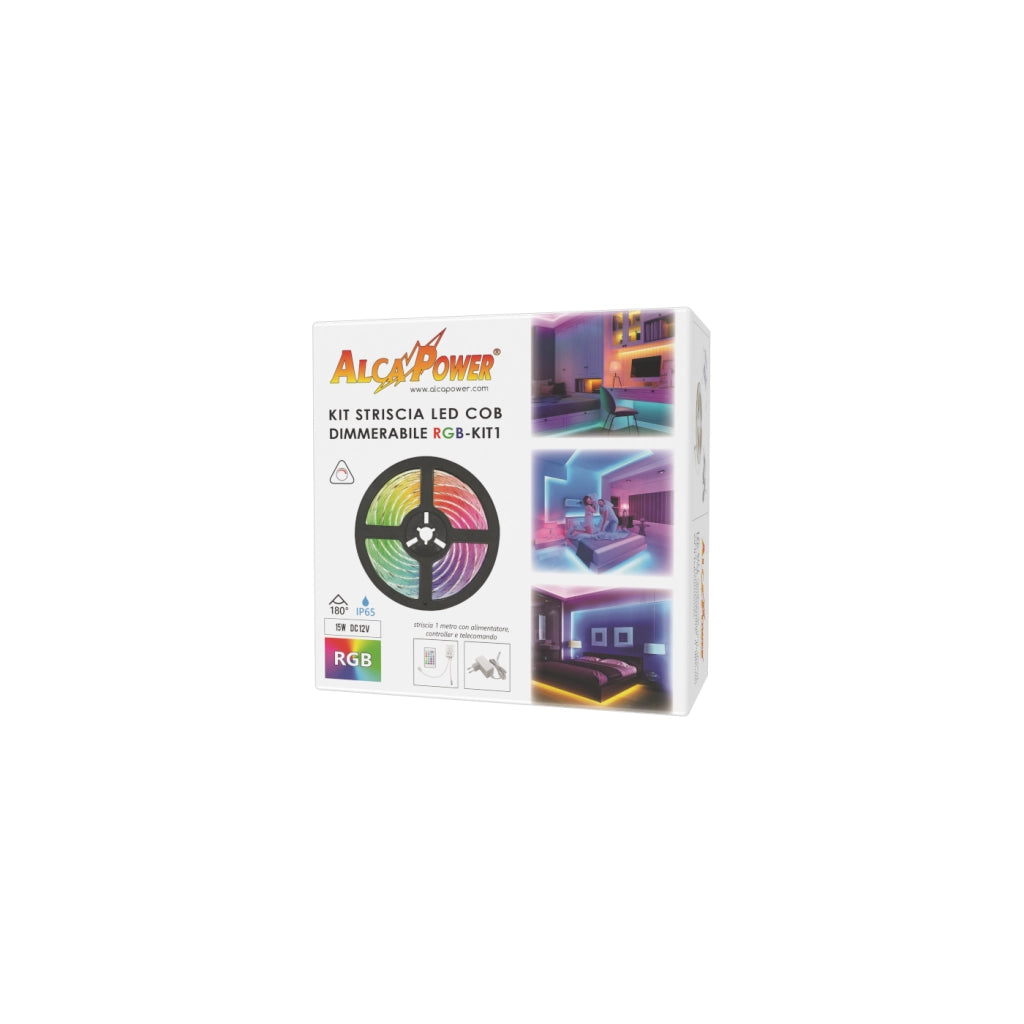 Alcapower Kit Striscia LED COB 1m IP65 RGB 12V 15W con Dimmer IR, 810 LED, Angolo 180 gradi, Protezione impermeabile per illuminazione decorativa