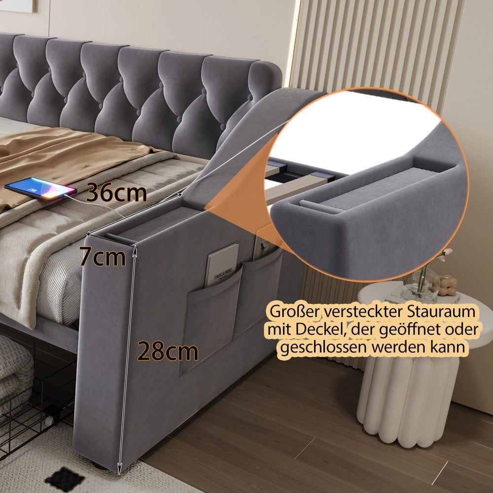 Letto Imbottito con Cassetto e USB ¨C MINIMAL ¨C Velluto Grigio Scuro 90x190