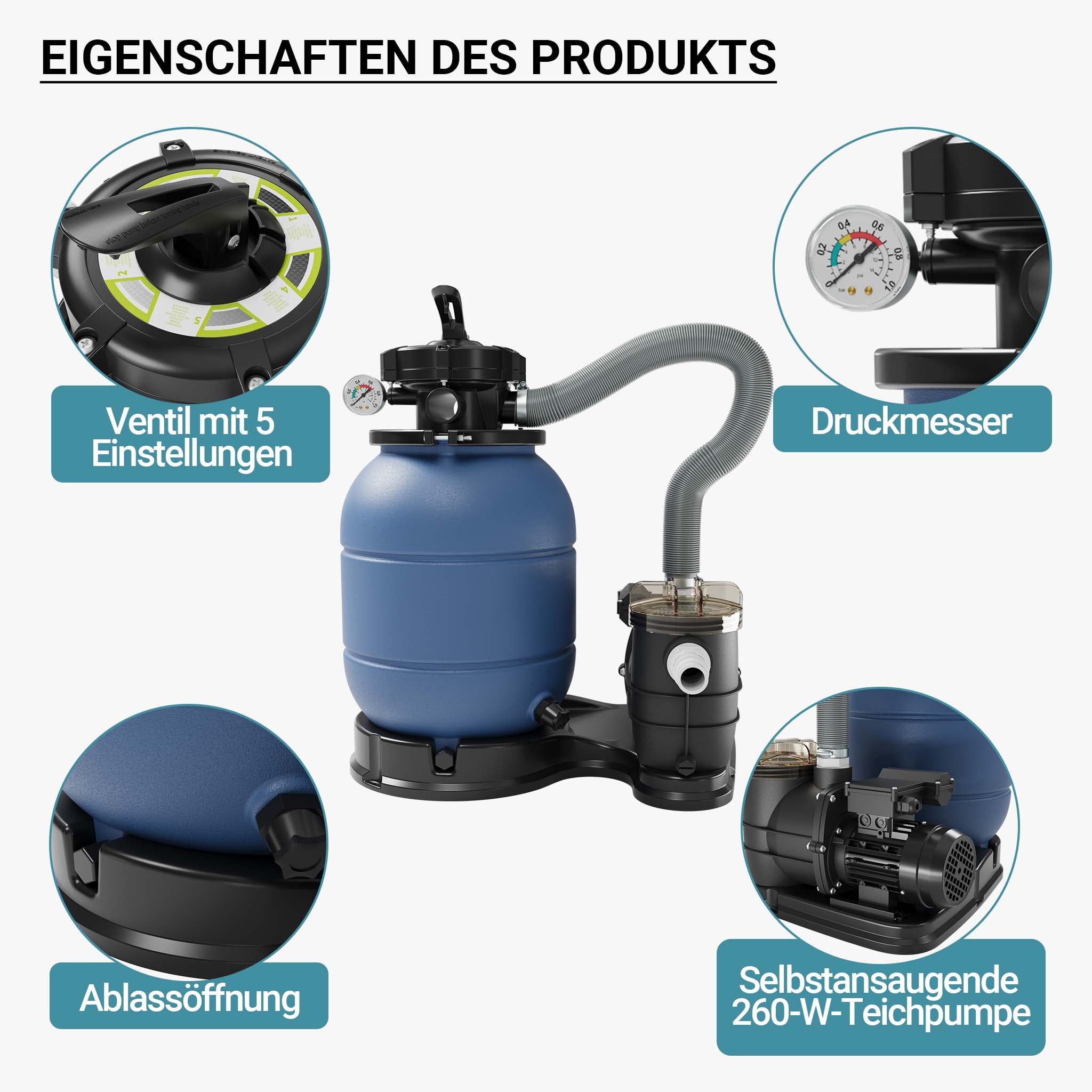 Filtro a sabbia per piscina, pompa autoadescante per piscina 260 W, serbatoio per 21 kg di sabbia, per piscine fino a 20 m³
