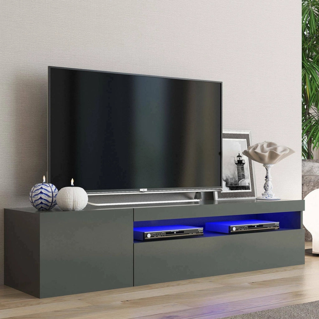 Mobile da soggiorno Porta Acrilya, Made in Italy, Credenza per Acrilya a 2 ante, Porta Acrilya da salotto, cm 150x40h37, Antracite lucido, con luce LED blu