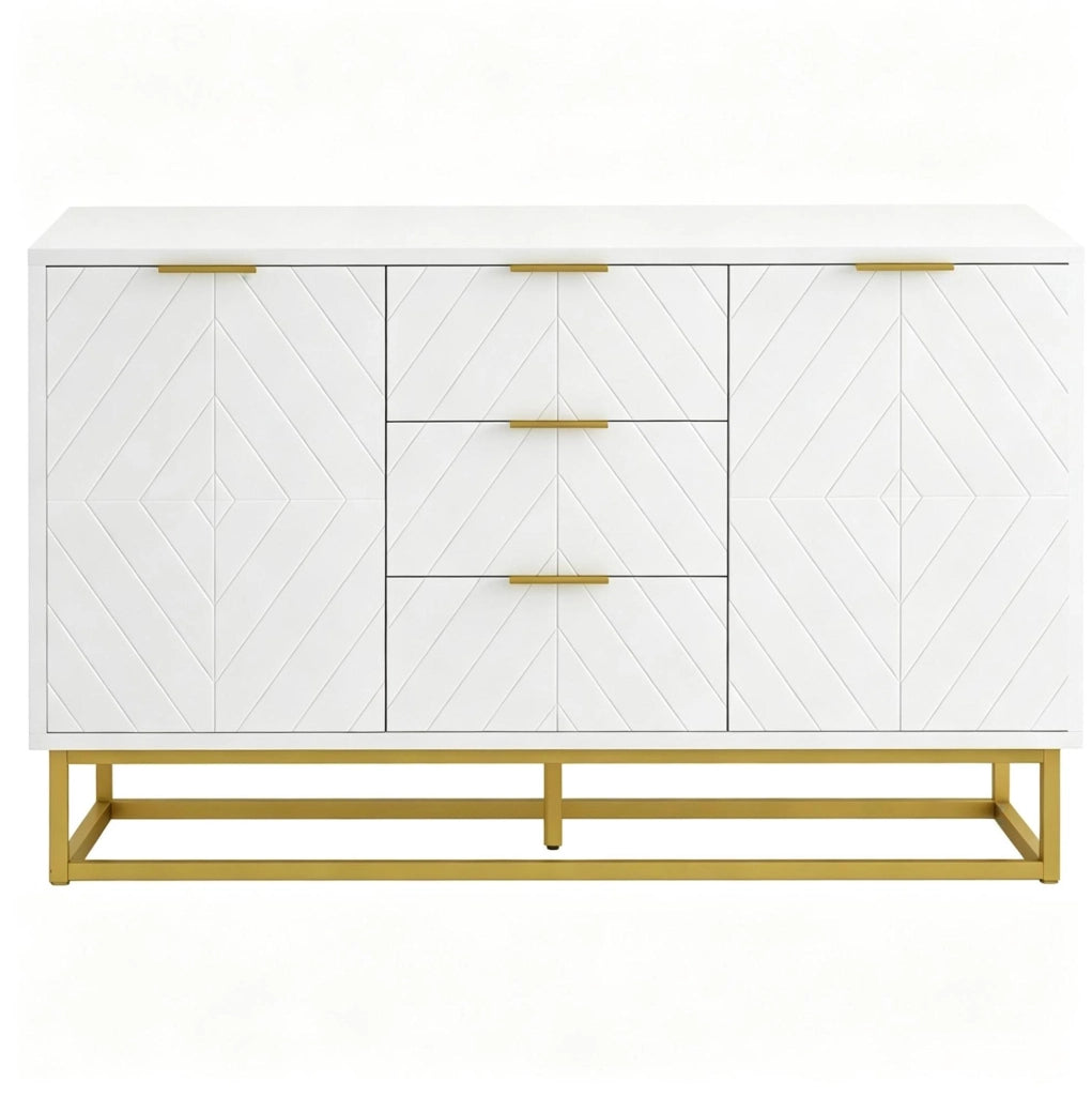 Credenza 120x40x76 cm bianca e oro in MDF e metallo， con cassetti e ante