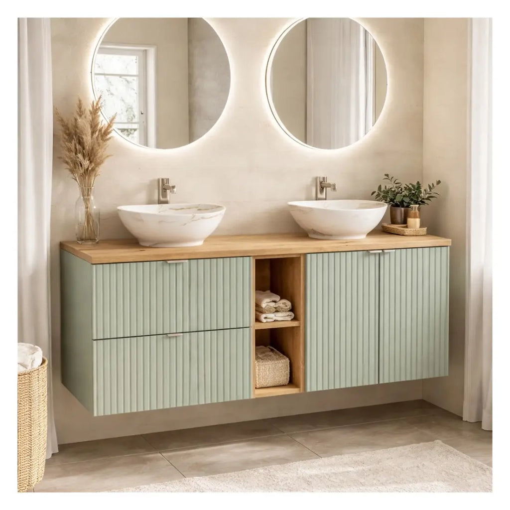 Insieme ELVINA 140cm: mobile sotto lavabo con nicchie visibili a cassetti e armadietti + piano per il lavabo + due lavabi da appoggio