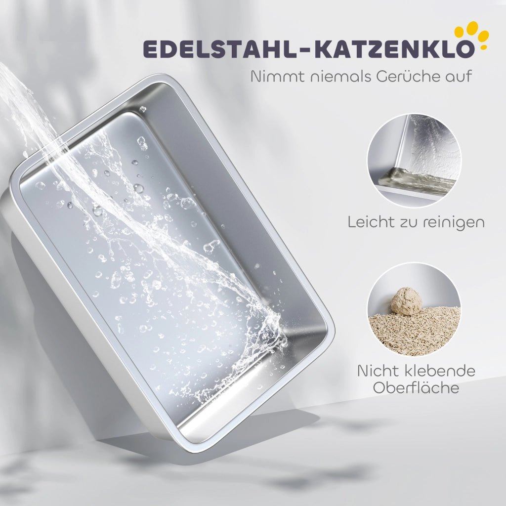 Lettiera per gatti in acciaio inox con bordo alto e paletta ¨C Xylo ¨C 69,8x50,3x29,8 cm grigio