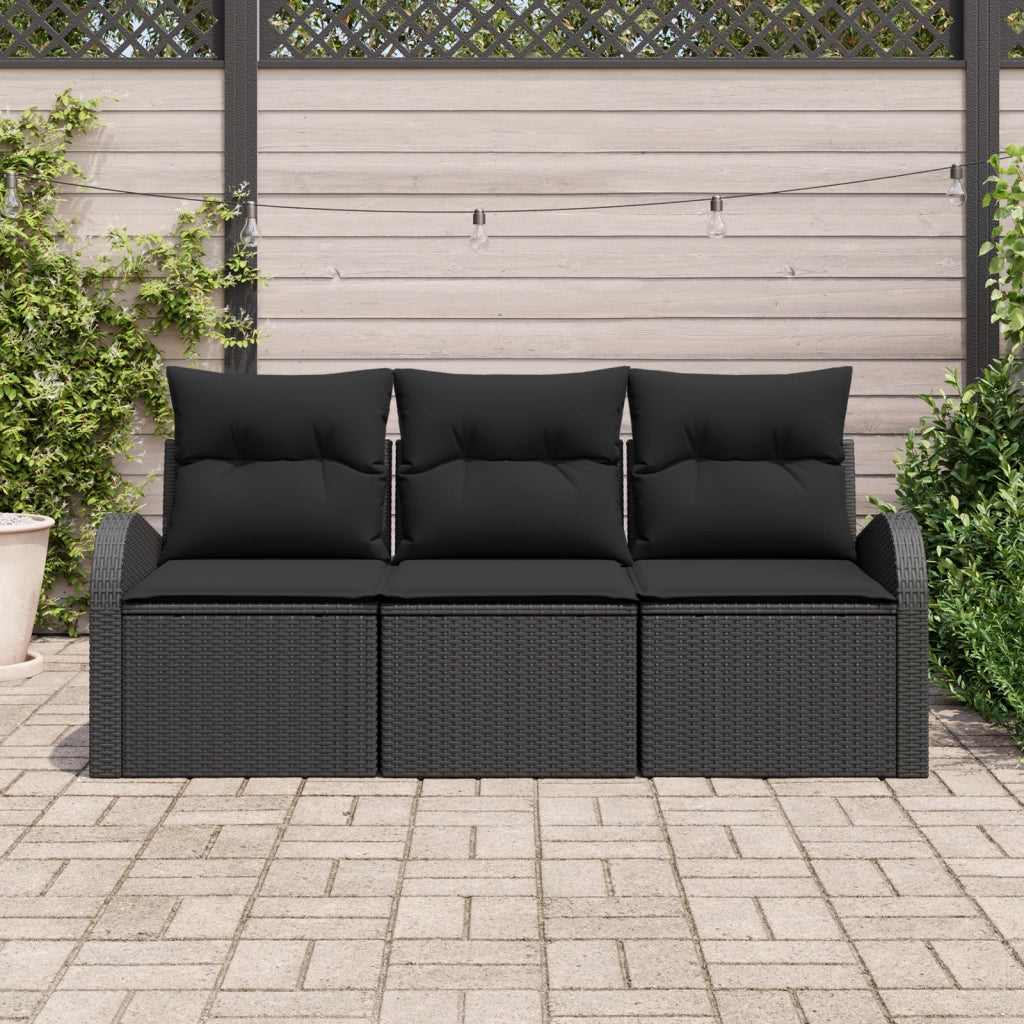 Set Divano da Giardino 3 Pezzi con Cuscini Nero Polirattan