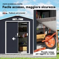 Casetta da Giardino Porta Utensili in Lamiera con Porte Scorrevoli, 213x130x185cm, Grigio Scuro