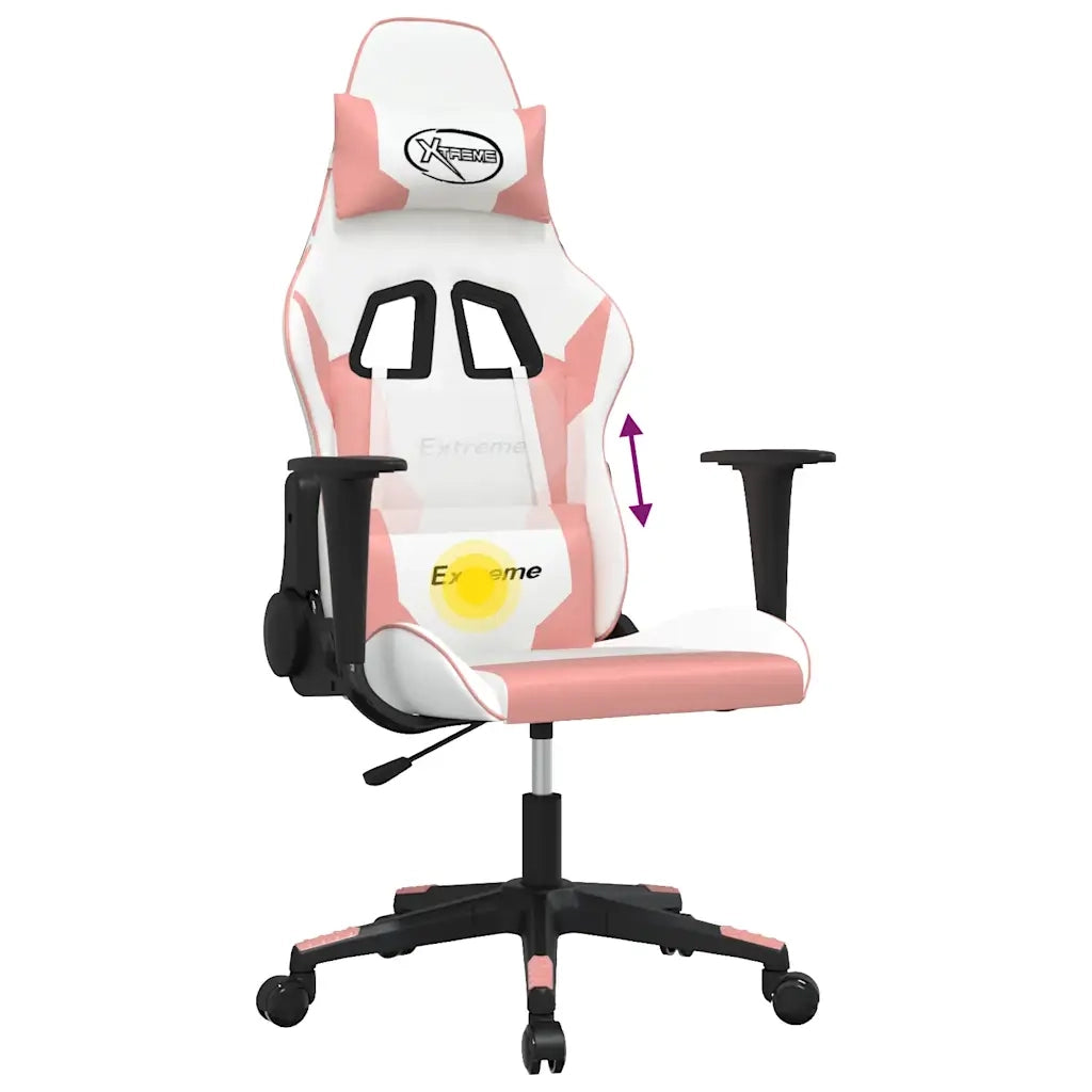 Sedia da Gaming | Sedia da e-sports Massaggiante Bianco e Rosa in Similpelle