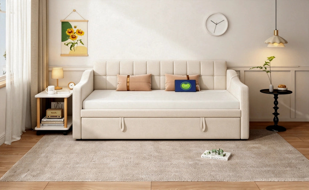 Letto divano estraibile singolo 90 × 190 cm con USB, tessuto velluto, senza materasso, beige per camera ospiti