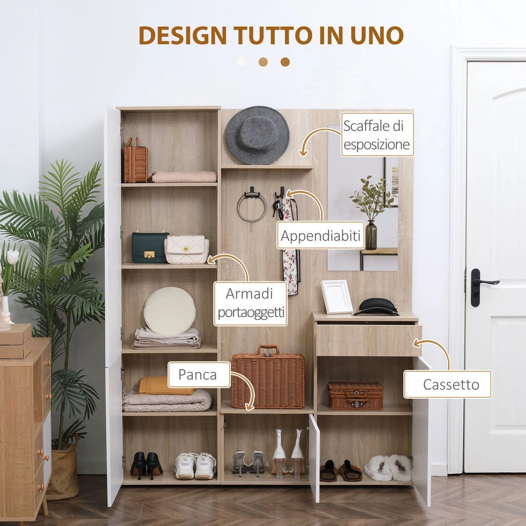 MOBILE DA INGRESSO 4 IN 1 CON SPECCHIO GANCI E RIPIANI 145X29X184 CM BICOLOR