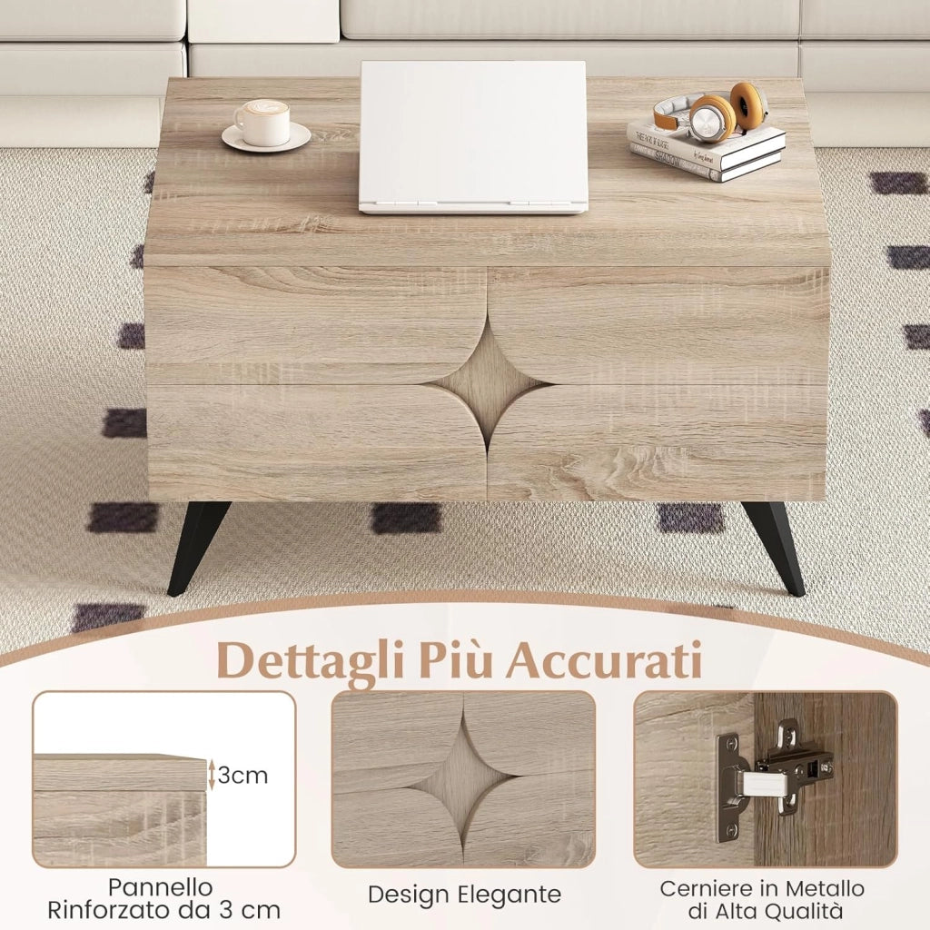 Tavolino da Salotto Moderno con Contenitore, Tavolino da Caffè con Scomparto Posteriore Aperto, 3 Ante e 4 Gambe Rialzate, Tavolo Centrale in Legno per Soggiorno, Studio e Ufficio