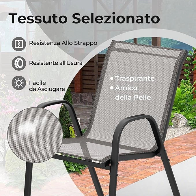 Set Mobili da Giardino 3 Pezzi, con Tavolo Rotondo in Vetro Temperato e 2 Sedie in Textilene Traspirante, per Esterno Balcone Giardino (Grigio)