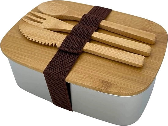 Lunchbox in alluminio con copertura di bambù e posate, 1000 ml, lattina di latta impermeabile con cerniera, magnetron resistente per adulti e bambini