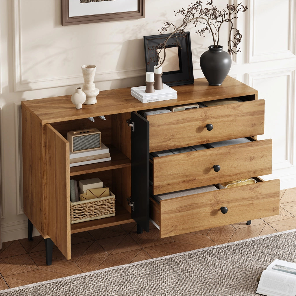 Credenza con 1 Anta e 3 Cassetti; Piedini in Metallo; Stile Moderno; in Pannelli di Particelle; Nero e Naturale; 120??35??76 cm