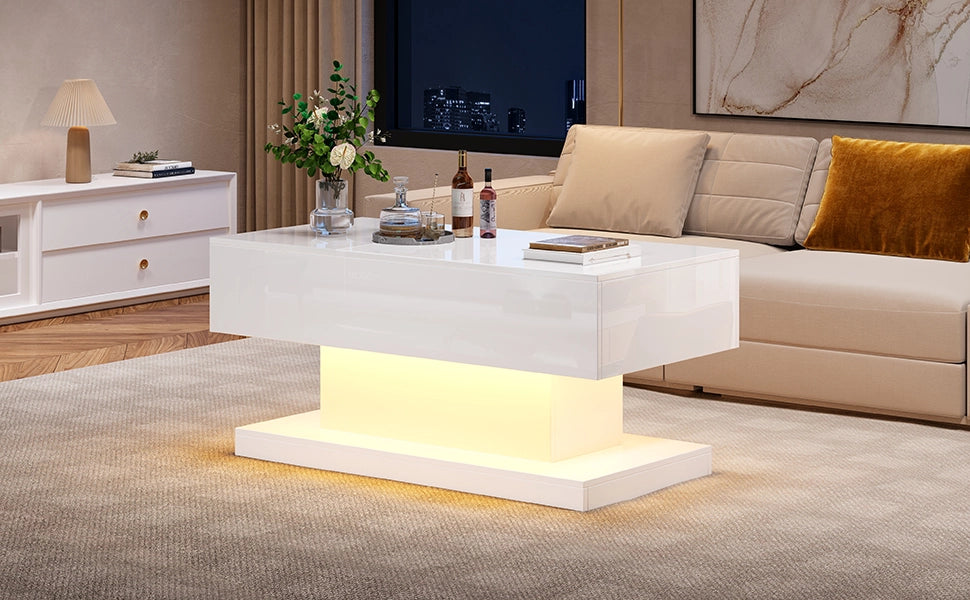 TAVOLO da caffè 100x50x45 cm bianco in pannello di legno con LED e sollevamento idraulico