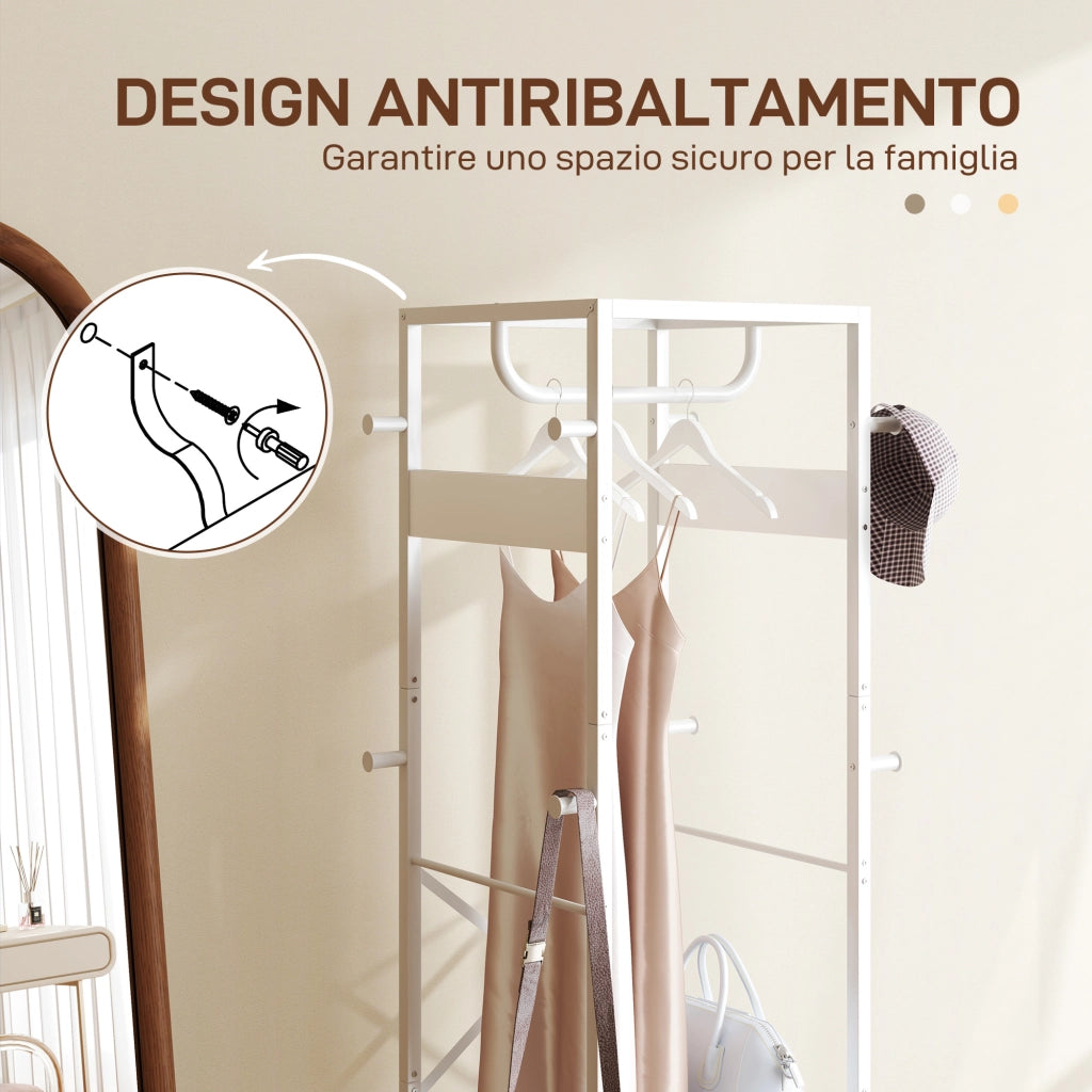 Appendiabiti da Terra con Asta e 2 Ripiani Aperti, in Legno e Acciaio, 38.5x30x170 cm, Bianco e color Legno