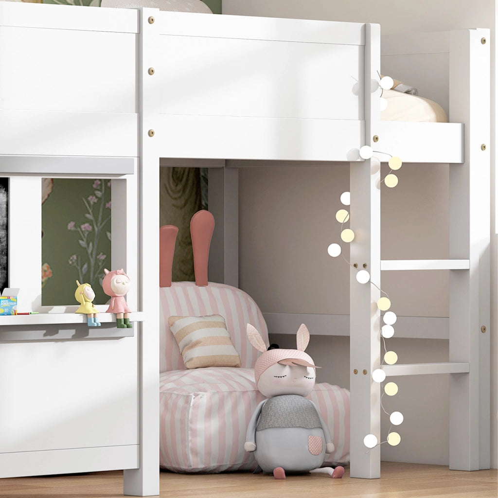 Letto Casetta 90x200 cm; Letto Singolo - Lavagna; Mensola - in Legno Massello Bianco