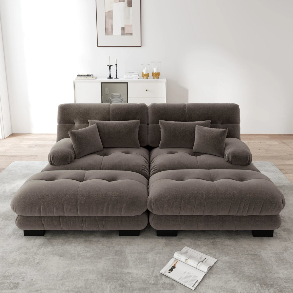 Divano modulare cloud in ciniglia marrone con pouf mobili; 220x145x81 cm