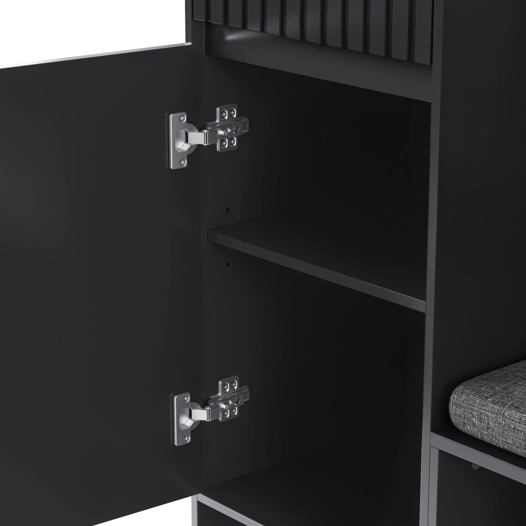 OKWISH Mobile da Ingresso con Panchina, 4 Ganci, Armadietto, 2 Cassetti e Vani Aperti, per Ingresso, MDF, Nero, 100 x 35 x 180 cm