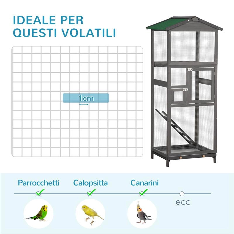 GABBIA PER UCCELLI ALTA 165CM IN LEGNO DA ESTERNO CON 2 PORTE E VASSOIO ESTRAIBILE 68X63X165 CM GRIGIO CHIARO