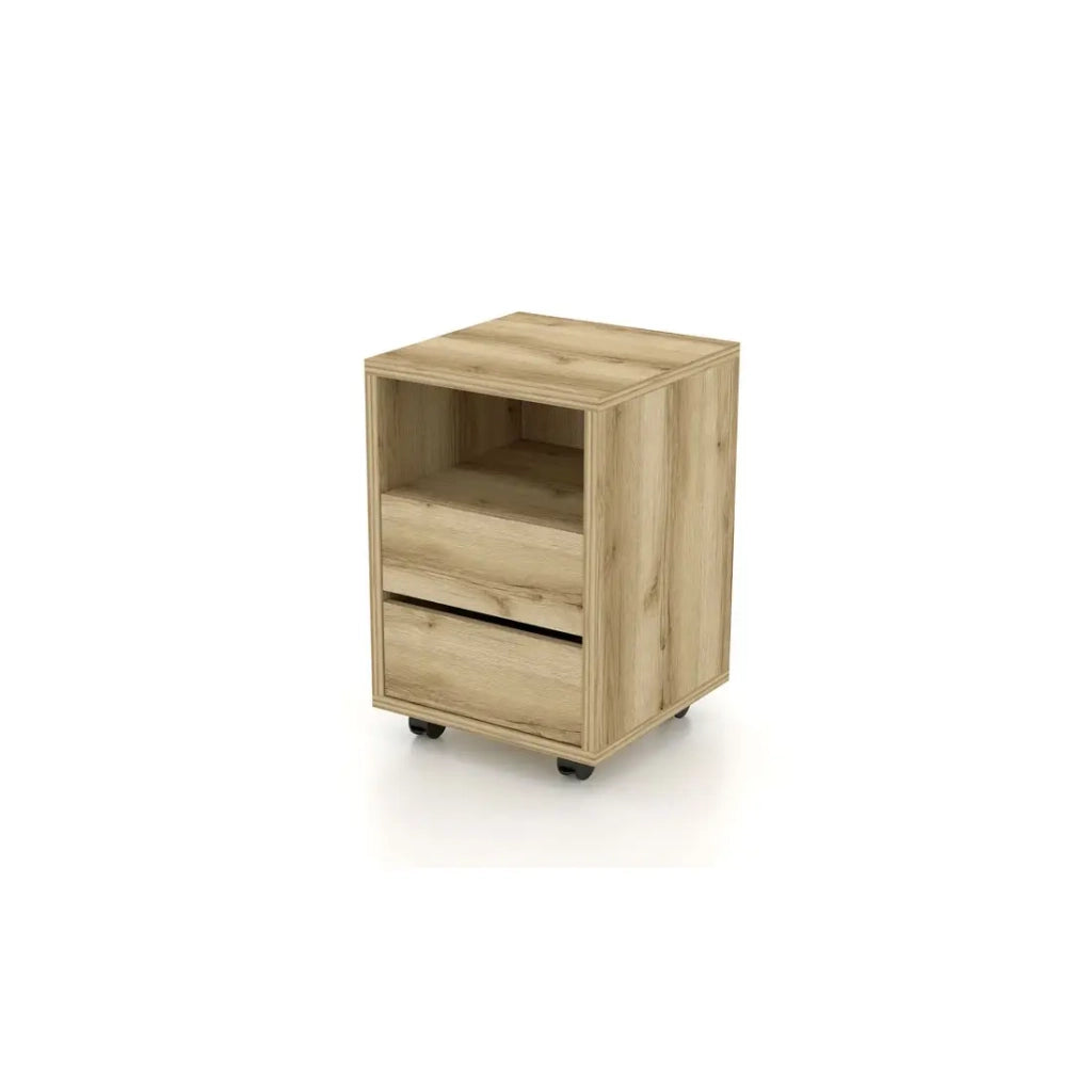 Cassettiera in quercia con ruote MELTO – 2 cassetti e 1 vano – Mobile contenitore in legno chiaro pratico