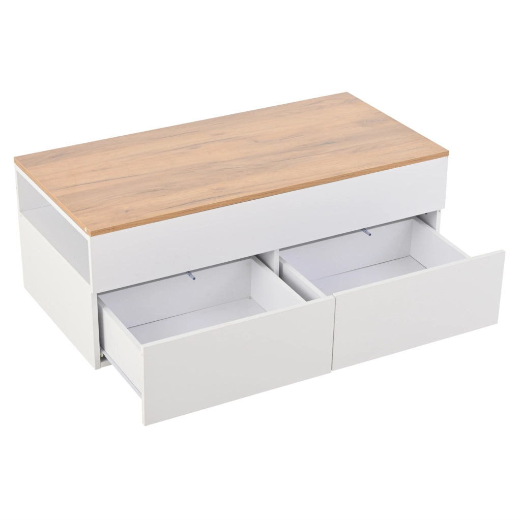 Tavolino da soggiorno sollevabile 100x50x40 cm in truciolare bianco con 2 cassetti