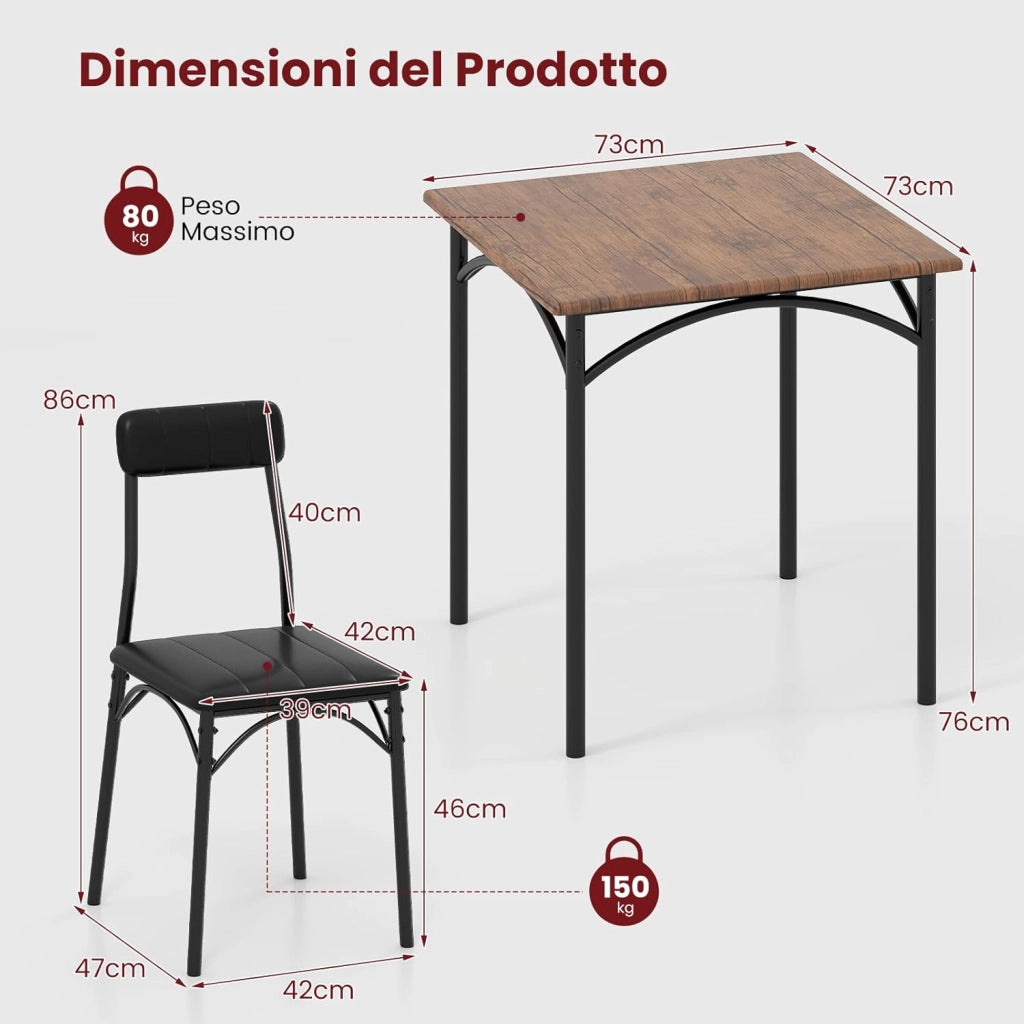 Set Tavolo e 2 Sedie, Tavolino e Sedie da Balcone con Schienali e Sedute Imbottiti, Gambe in Metallo, Mobili Salvaspazio per Cucina, Ristorante e Bistro