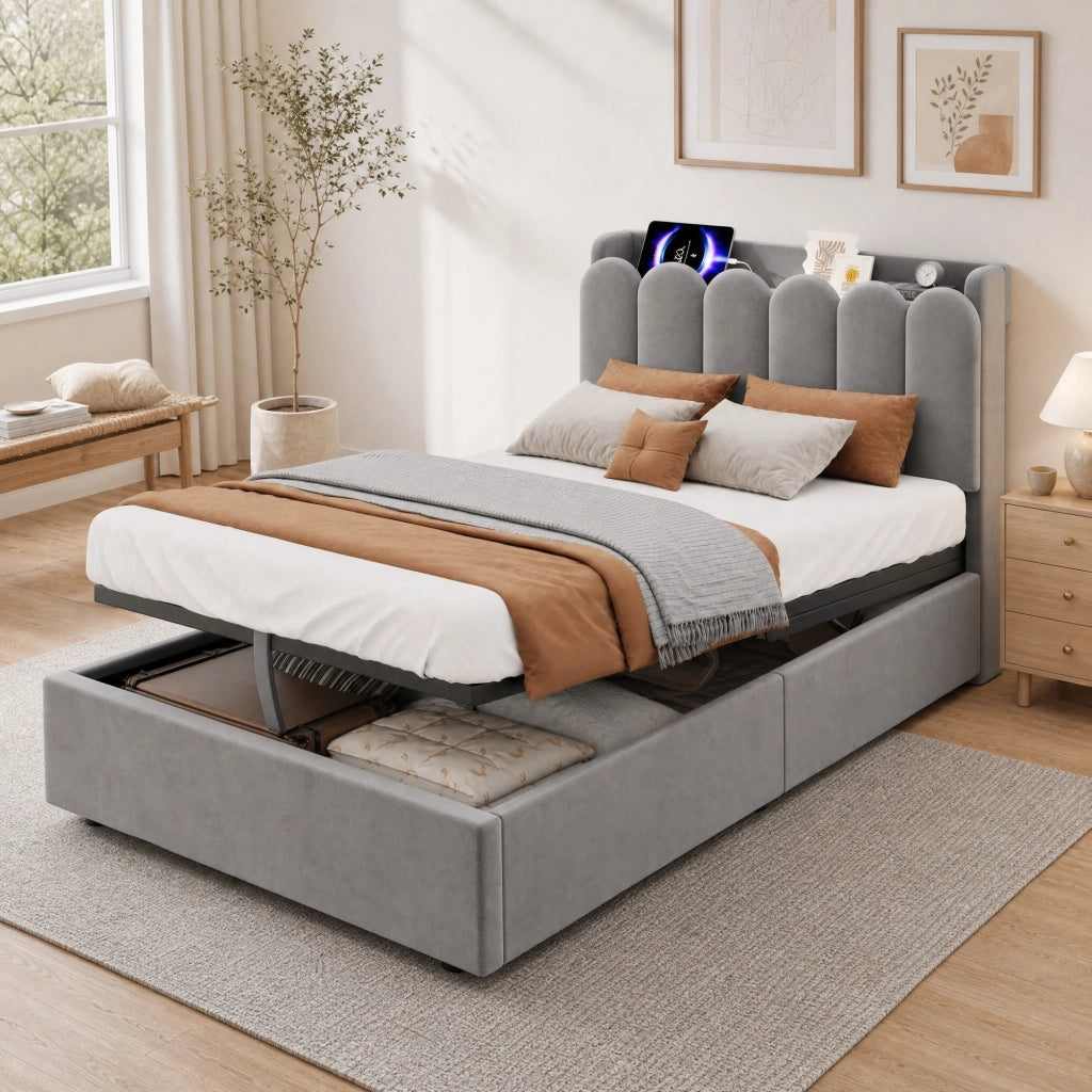 Letto per bambini imbottito 90x200 cm in velluto grigio con contenitore; USB Type-C e luce