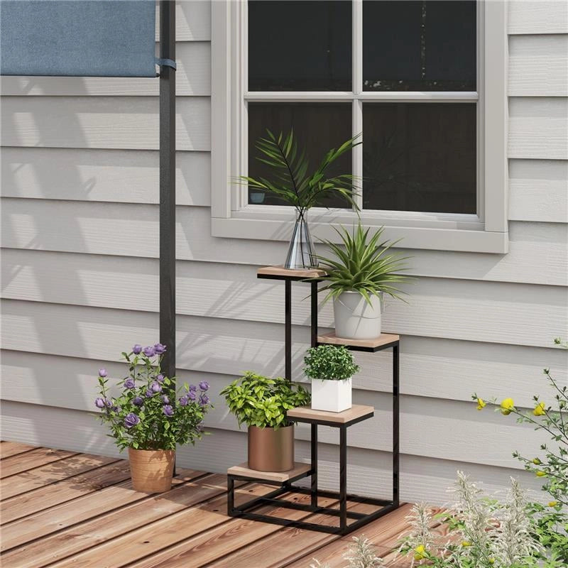 SCAFFALE PER PIANTE A 4 LIVELLI IN ACCIAIO E LEGNO, 40X40X75.5 CM, MARRONE E NERO