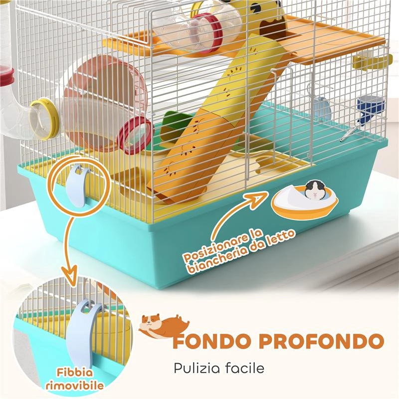 GABBIA PER CRICETI CON RUOTA, CASETTA, CIOTOLA, RAMPE E SERBATOIO, IN ACCIAIO, PS E PP, 45X28X37 CM, BIANCO E AZZURRO