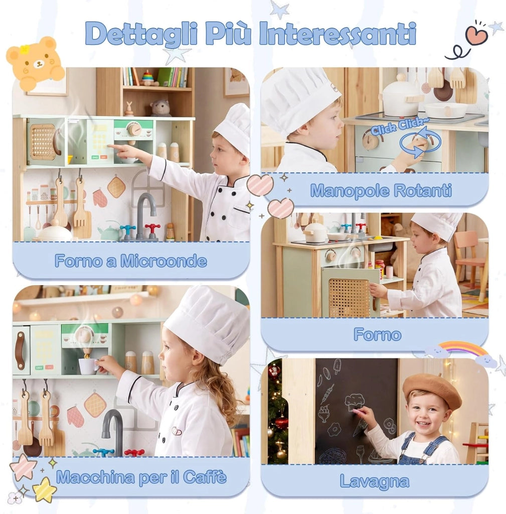 Cucina Giocattolo Bifacciale per Bambini, Cucina Educativa in Legno con Porte in Rattan, Lavagna sul Retro, Luci e Suoni, Accessori Completi, Gioco di Imitazione 3+ Anni, 60 x 29 x 95 cm