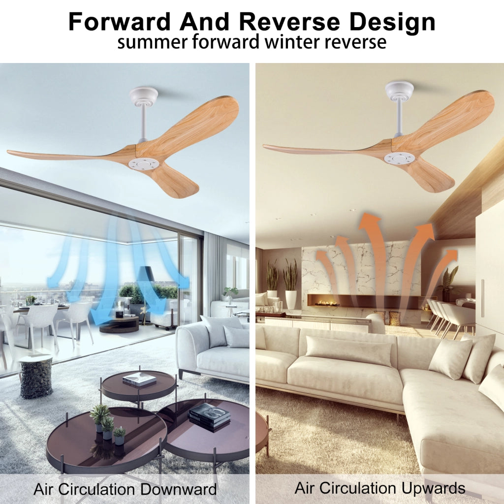 Ventilatore da soffitto 52 pollici, 3 pale legno, design ad elica, funzione memoria, telecomando, finitura noce, per terrazze e soggiorni