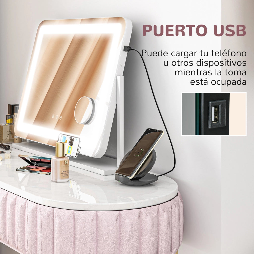 Specchio da Trucco Girevole ¨C Xylo ¨C 58x46 cm con 3 Modalit¨¤ di Illuminazione e Ingrandimento