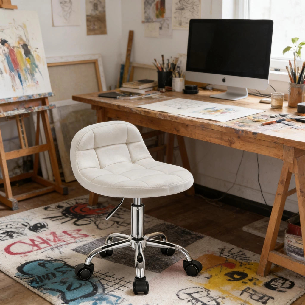 SEDIA da ufficio girevole regolabile 56,5-68 cm in velluto bianco crema