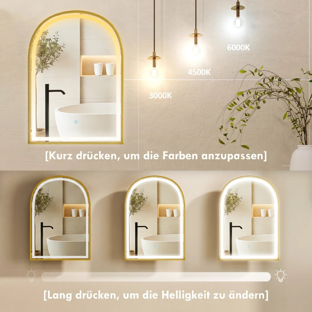 Armadietto da bagno con specchio e luce LED, porta ad arco, anti-appannamento ¨C Zephmum ¨C Dorato 50x14.5x70 cm