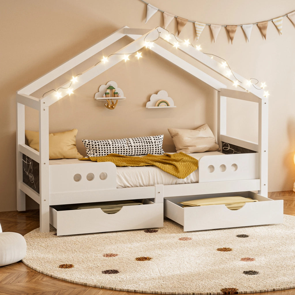 Letto per bambini 90x200 cm con tetto; 2 cassetti e lavagna in legno; bianco