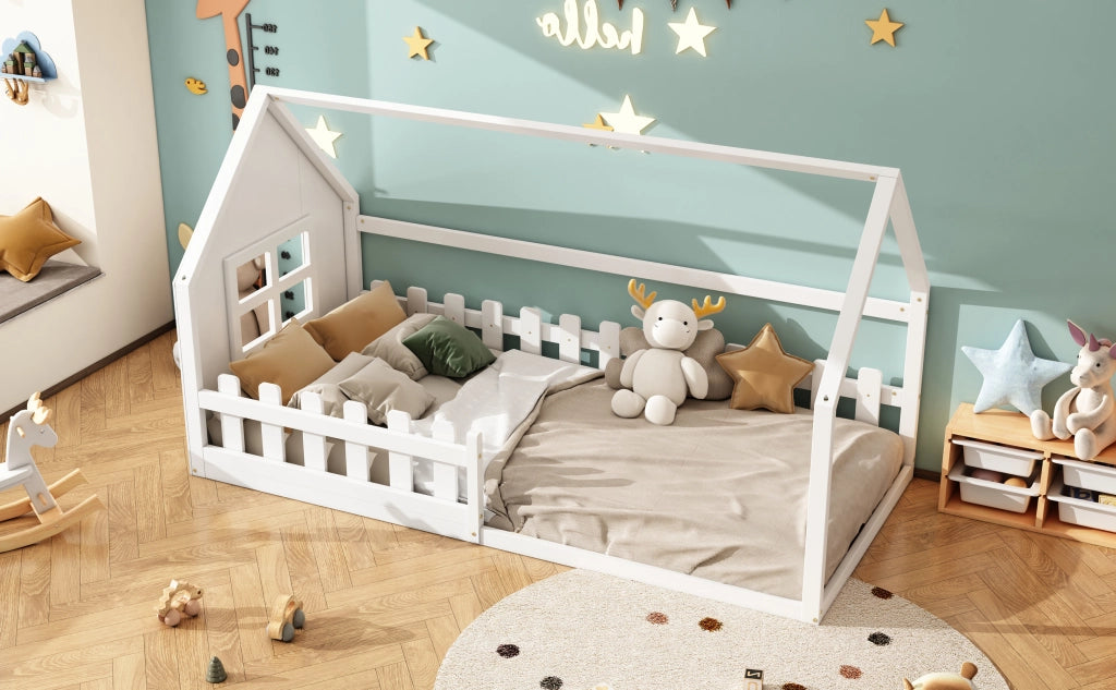 DESMIU Letto per Bambini a Casetta 1 Posto con Struttura a Casa, 90 × 200 cm, Senza Materasso, in Pino e MDF, Bianco