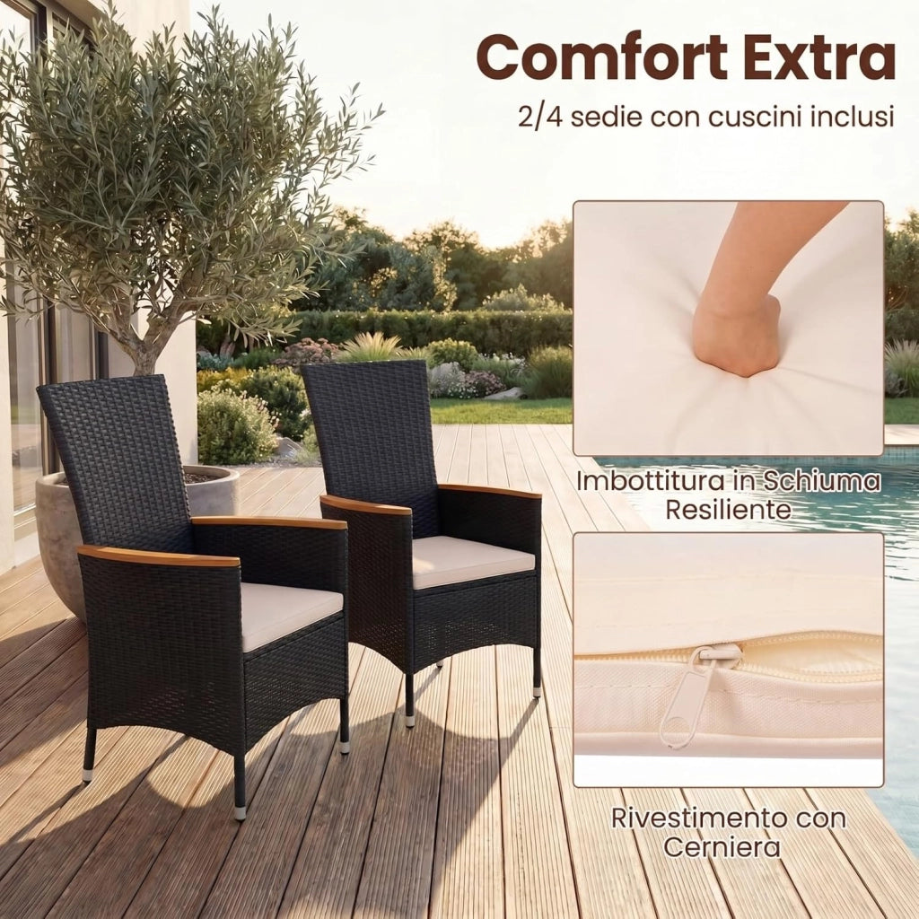 Sedie da Giardino in Ratten PE, Sedie da Esterno con Cuscino Moebido, Braccioli Curvi e Schienale Alto, Portata 180 kg, Poltrone da Esterno per Terrazza e Bordo Piscina, 58 X 62 X 107 CM (4)