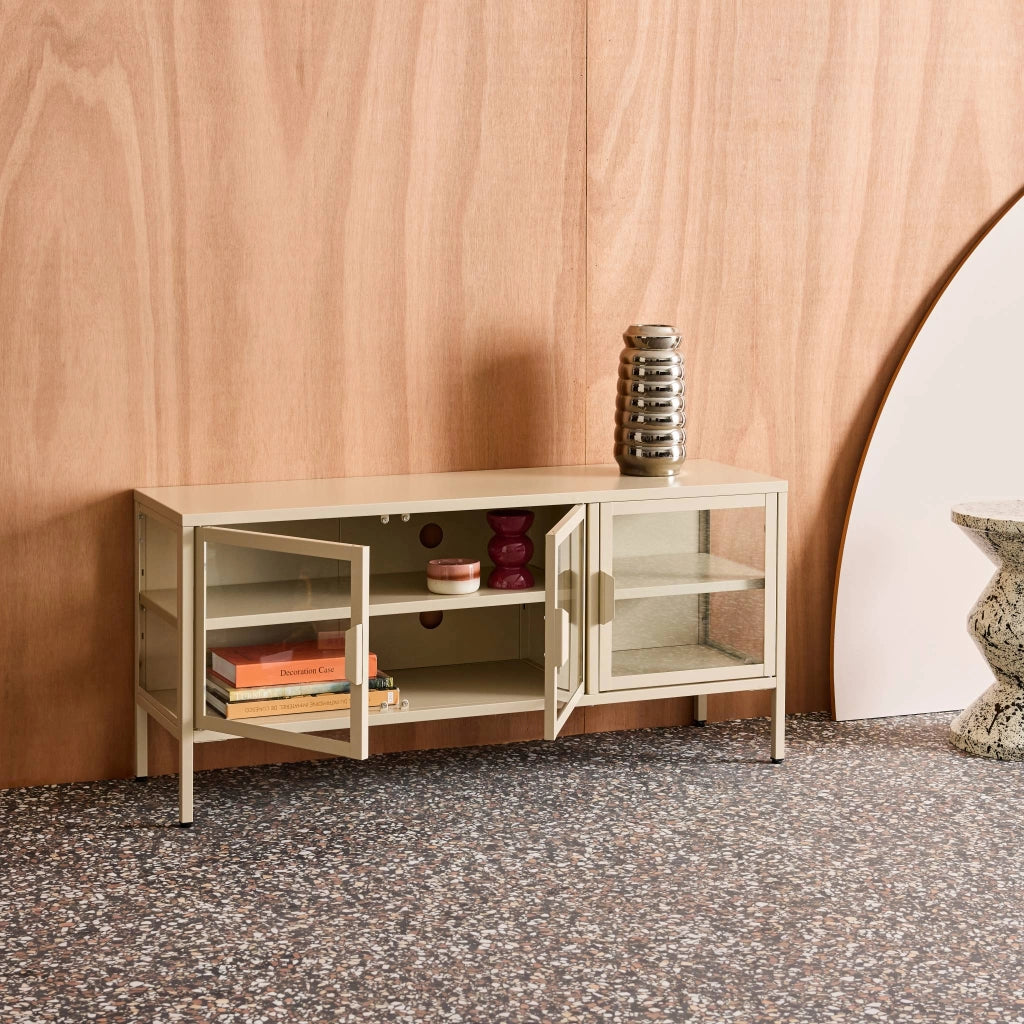 Mobile tv industriale in metallo e vetro temperato 3 ante 120cm, beige