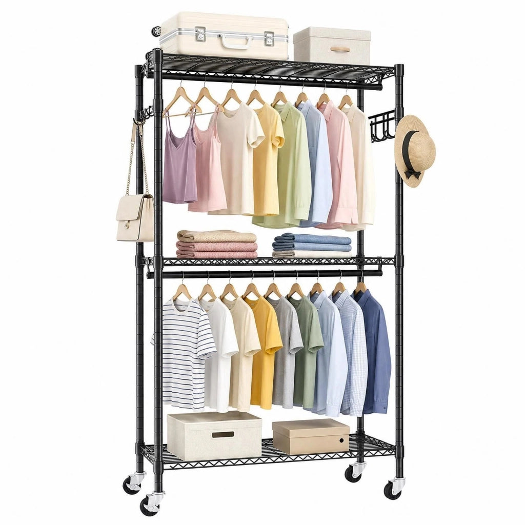 PORTAABITI con ruote, 3 ripiani, 2 aste e 2 ganci, nero, 93x46x11 cm