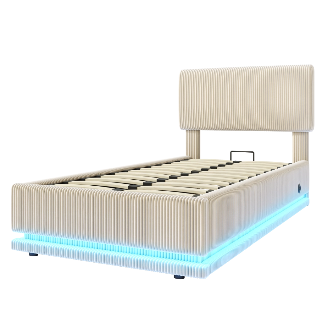 Letto imbottito 90x200 cm con LED e USB-C; testiera regolabile; velluto a coste beige