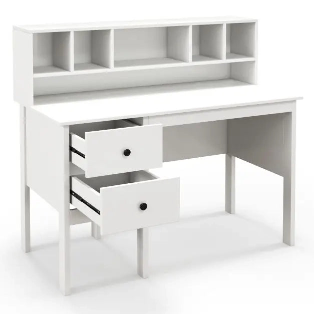 Scrivania Porta PC 120 cm con Libreria a 5 Scomparti e 2 Cassetti Bianco per Casa e Ufficio