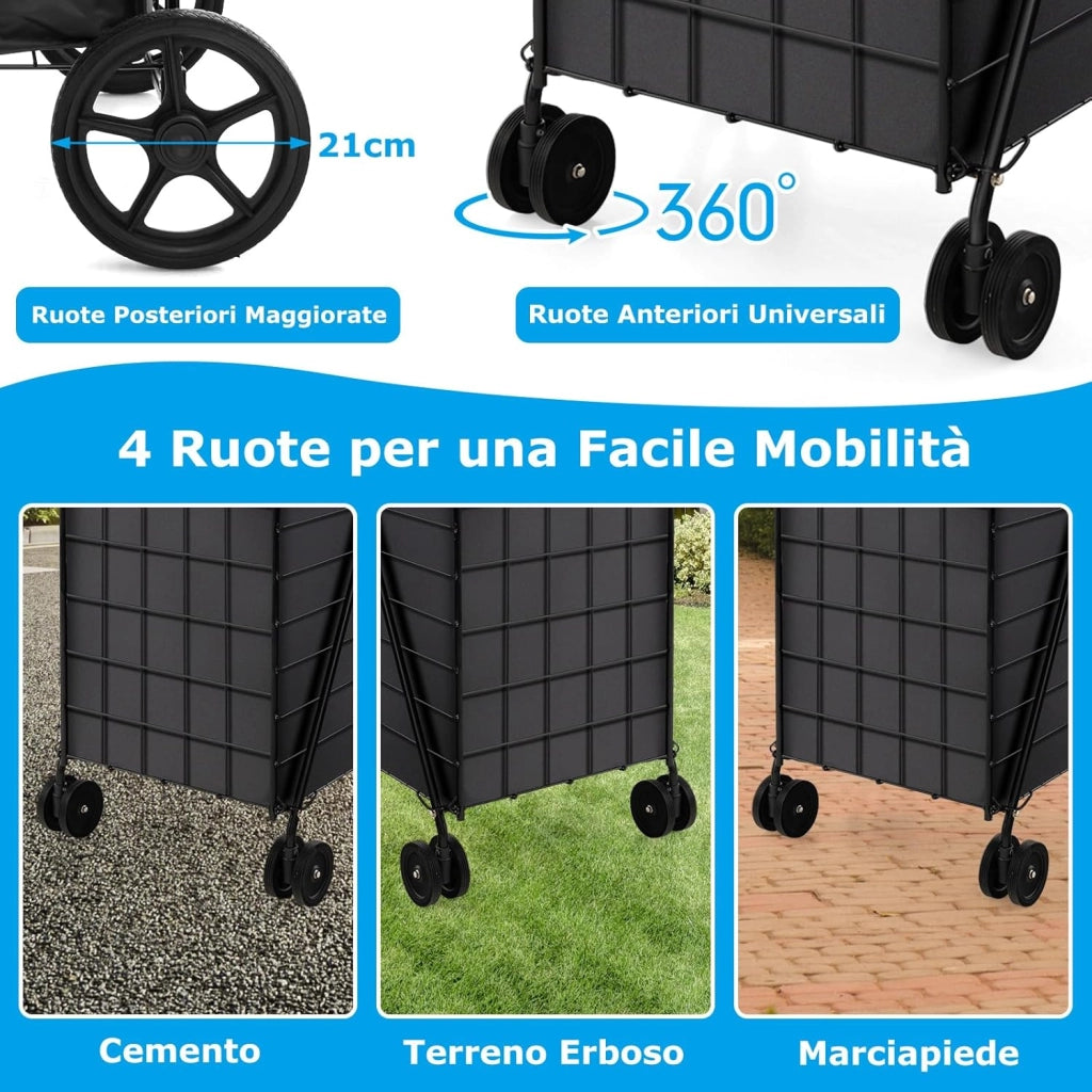 Carrello Portaspesa Pieghevole, Carrello Spesa con Ruote Girevoli a 360° e Borsa Impermeabile Removibile, Capacità di Carico 40 kg, 102L, 61 x 60 x 102 cm