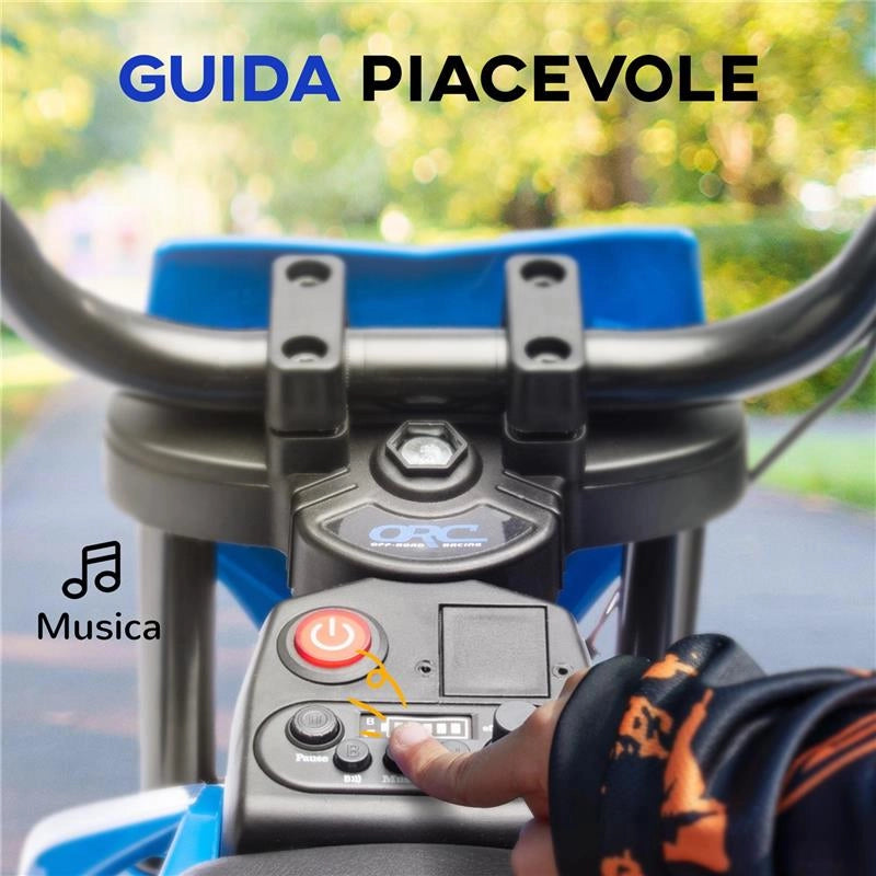 MOTO ELETTRICA PER BAMBINI CON ROTELLE RIMOVIBILI, SOSPENSIONI, SUONI E INDICATORE DI CARICA, BLU